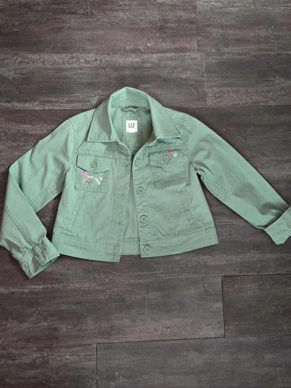 GAP Girls' Mint Green Jean Jacket with Embroidered Patches